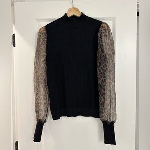 Sioni Black Top with Leopard Print Sleeves